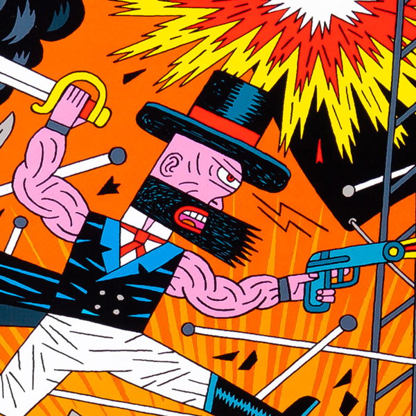 Image promotionnelle de l'exposition "Henning Wagenbreth - Le design graphique pour les 6 à 99 ans" présentée au Centre de design de l'UQAM du 24 févr. au 10 avr. 2022. Crédit Image : extrait de la couverture du livre "Le pirate et l'apothicaire" illustré par Henning Wagenbreth