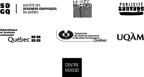 Logos des partenaires de la Bourse SDGQ / Marc H. Choko : SDGQ; Musée McCord; Publicité sauvage ; BANQ ; UQAM ; Commission des droits de la personne et des droits de la jeunesse; Centre de design